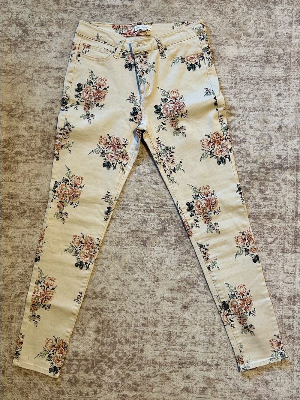Women’s Floral Cream Skinny Jeans with Rose Print
